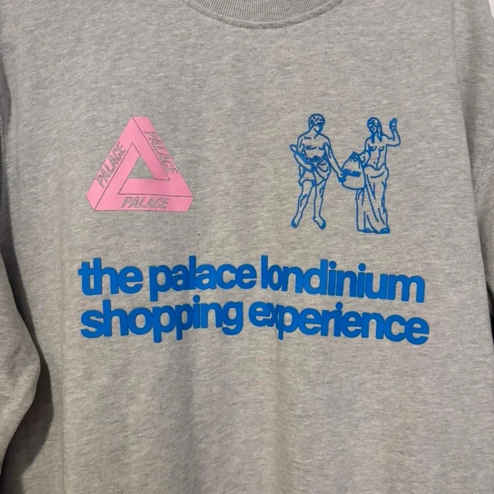 PALACE Gray Crewneck Sweater with Pink and‎ Blue Design